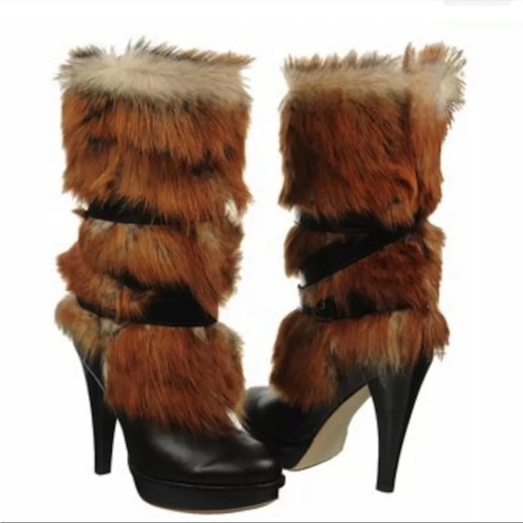 Ugh Australia Women’s Foxley Leather Sheepskin High Heel Black Boots Size 5 Rare - Picture 2 of 8